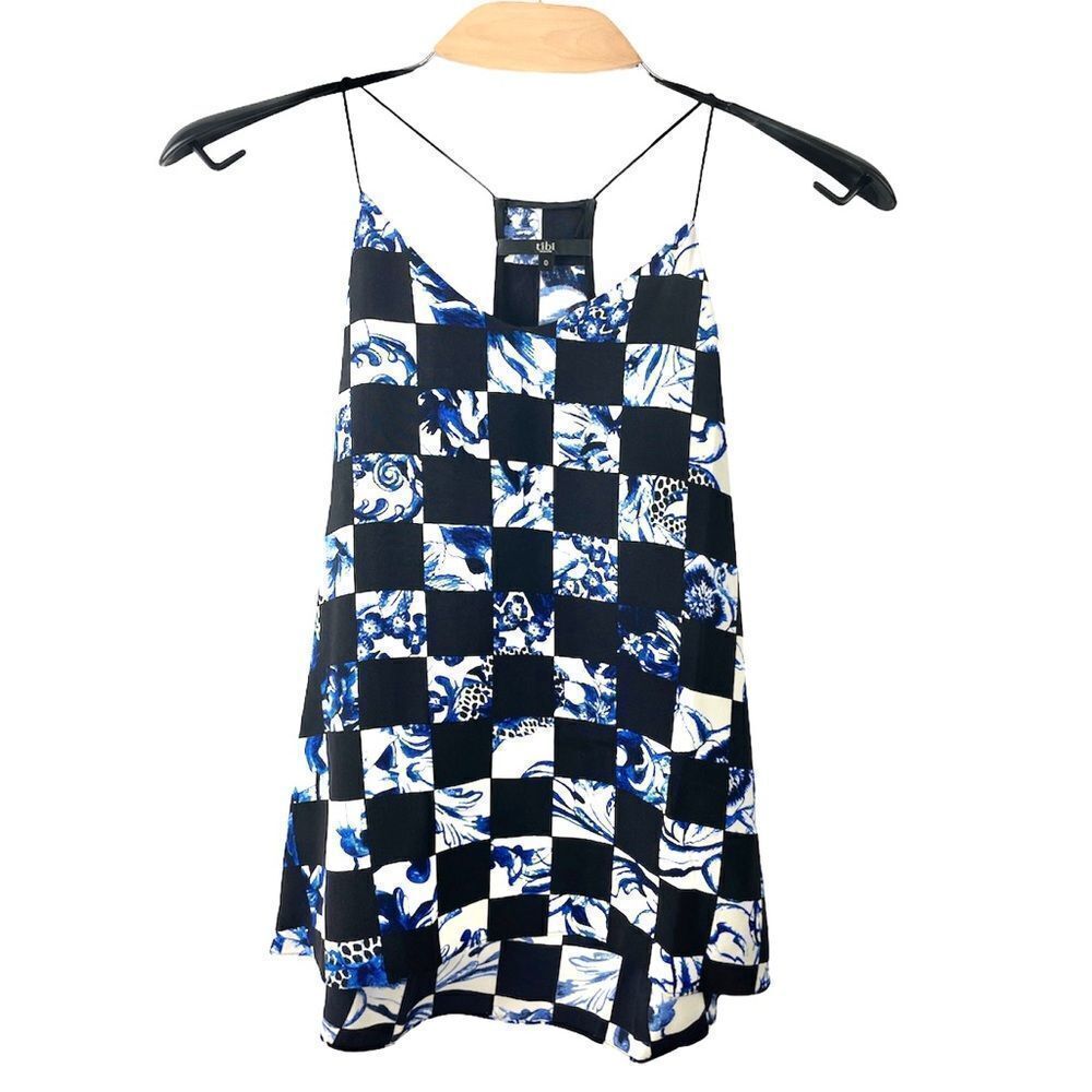 𝅺tibi Rococo Checkered Silk Racerback Camisole US 0 - Picture 3 of 7